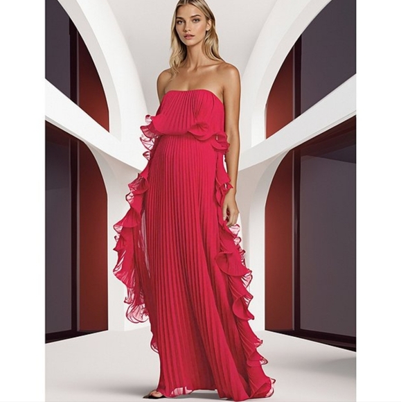 Belle by Badgley Mischka Lindsay Strapless Pleated Ruffle Shift Dress